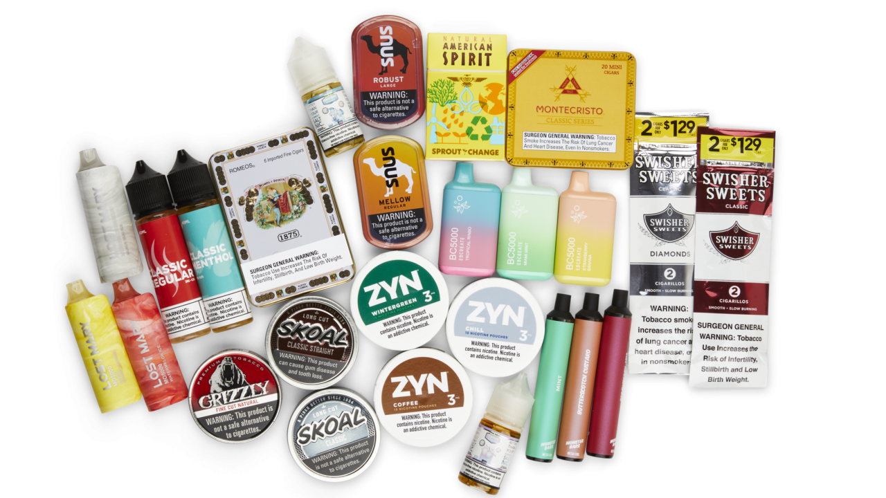 picture of a variety of flavored tobacco products including vape, chew, and synthetic nicotine producs